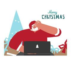 vetor conceito com plano personagem do feliz santa claus perto presente caixas, Natal árvore. ele fala com crianças usando conectados transmissão serviços em dele computador. controlo remoto parabéns às inverno feriados