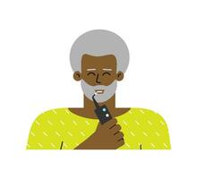 vetor isolado plano ilustração. cinzento cabelos africano americano Senior homem é limpeza dentes de oral água escolher irrigador. diariamente dental rotina para evita cárie, retirar tártaro, ter branco dentes