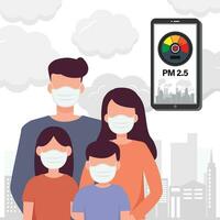 pm2.5 ar poluição alerta metro em Smartphone. pessoas vestindo protetora face máscaras proteger fumaça em fundo. vetor