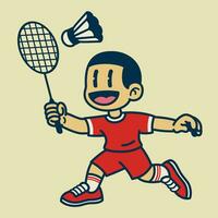 feliz Garoto jogando badminton desenho animado vintage vetor