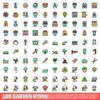 100 jardim ícones definir, cor linha estilo vetor