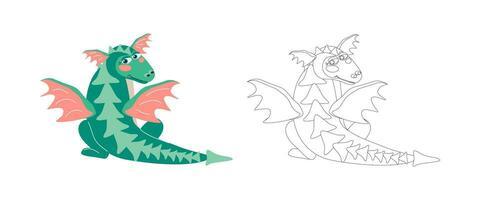 coloração livro alado Dragão, símbolo do 2024 de acordo com para a chinês horóscopo. vetor desenho animado ilustração para crianças livros, esboço para coloração com a exemplo dentro cor