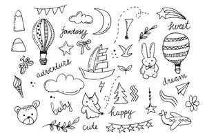 uma conjunto do crianças desenhos. criança doodle.nuvens, verão flores e árvores, ar balões, fofa Coelho e de outros Preto branco elementos. vetor ilustração em branco fundo