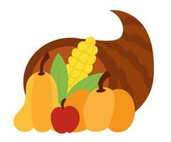 Ação de graças dia cornucópia cheio do colheita. maçã, abóboras e milho. feliz colheita. vetor plano ilustração.