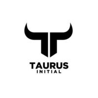 touro chifre cabeça taurus letra inicial t logotipo preto ícone design ilustração vetorial fundo branco vetor