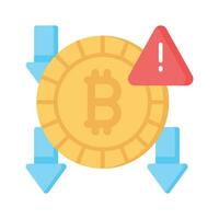 para baixo Setas; flechas e Atenção placa com bitcoin mostrando conceito vetor do bitcoin fraude