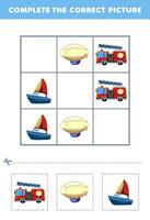 Educação jogos para crianças completo a corrigir cenário do uma fofa desenho animado caminhão de bombeiros zepelim e barco a vela imprimível transporte planilha vetor