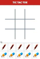 Educação jogos para crianças tic tac dedo do pé conjunto com fofa desenho animado lápis e borracha cenário imprimível ferramenta planilha vetor