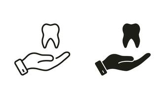 dental Cuidado silhueta e linha ícones definir. estomatologia proteção pictograma. dental tratamento. odontologia Preto símbolo coleção. dente e humano mão, dentista apoiar. isolado vetor ilustração.