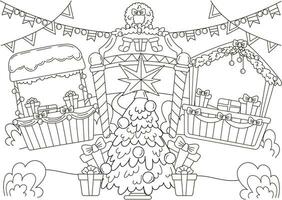 Natal Cidade justo com Natal árvore e presentes coloração página para crianças e adultos vetor