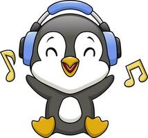 fofa pinguim desenho animado ouvindo música com fone de ouvido vetor