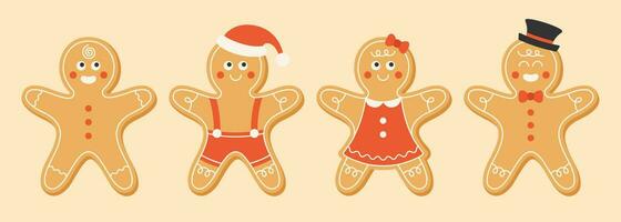 coleção do natal Pão de gengibre homem e mulher dentro plano estilo. Natal caseiro biscoitos e doces. vetor ilustração