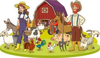 vetor ilustração do feliz agricultor família e Fazenda animais