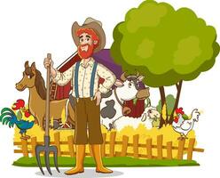 vetor ilustração do feliz agricultor família e Fazenda animais
