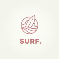 prancha de surfe e onda minimalista linha arte logotipo modelo vetor ilustração Projeto. simples moderno surfista, água esporte, prancha de surfe logotipo conceito