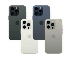 Novo maçã Iphone 15 pró, moderno Smartphone engenhoca, conjunto do 4 peças dentro Novo original cores - vetor
