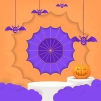 Desenho de festa de halloween 3D com abóbora, nuvem, morcego. vetor
