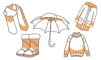 conjunto de outono. lenço, capa de chuva, suéter, botas de borracha, guarda-chuva. vetor