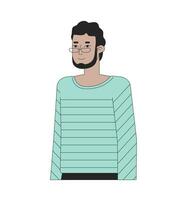 barba Óculos adulto homem em pé 2d linear desenho animado personagem. relaxado posando isolado linha vetor pessoa branco fundo. meio Oriental cara dentro casual roupas cor plano local ilustração