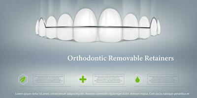 Ilustração em vetor 3D, dentes realistas com aparelho maxilar superior e inferior. alinhamento da mordida dos dentes, dentição com aparelho, aparelho dentário.