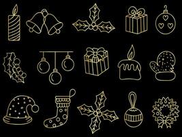 dourado Natal enfeites conjunto com bolas, flocos de neve, chapéus, estrela, Natal árvore, laranja, meia, presente, beber e guirlandas. vetor