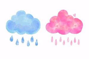 conjunto de duas nuvens em aquarela de vetor - nuvem rosa e azul com gotas de chuva