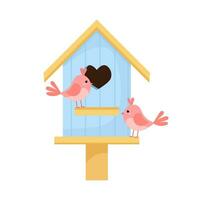 Primavera. de madeira Casa de passarinho com dois fofa pássaros vetor