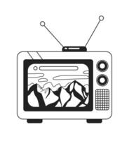 montanhas rochoso em Década de 1980 televisão Preto e branco 2d desenho animado objeto. velho formado retro televisão programa isolado vetor esboço item. assistindo nostalgia mostrar monocromático plano local ilustração