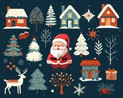 conjunto do mão desenhado Natal elementos. Scandi Natal ilustração, fofa casas, árvores, cervo, santa noel. vetor