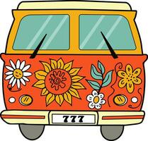 hippie vintage ônibus com flores groovy retro hippie viagem carro. vetor ilustração