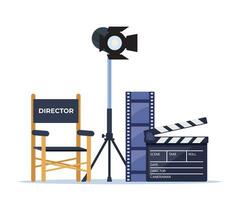 diretor cadeira, Câmera, iluminação, claquete, filme. filme, cinema fazer profissional equipamento para gravação filme. vetor ilustração.