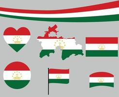 Bandeira do tajiquistão mapa fita e ícones de coração vetor abstrato