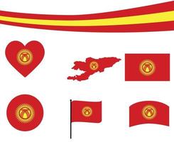 bandeira do Quirguistão mapa fita e ícones de coração vetor abstrato