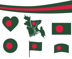 Bandeira do Bangladesh mapa de fita e ícones de coração vetor abstrato