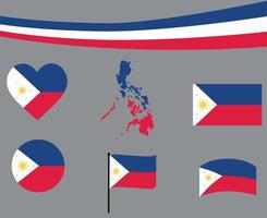 bandeira filipina mapa fita e ícones de coração vetor abstrato