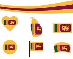 Fita do mapa da bandeira do Sri Lanka e ícones do coração vetor