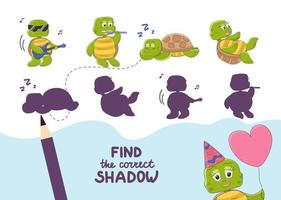 encontre a sombra correta. personagem de tartaruga fofa. vetor