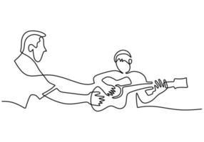contínua única desenhada uma linha pai ensinando seu filho a tocar guitarra vetor