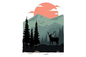 design de t-shirt da natureza de cervo plano de montanha vetor