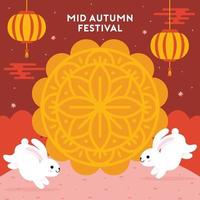 feliz festival do meio do outono com coelhos e bolo lunar vetor