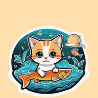 gato dia cópia de espaço bandeira uma fofa desenho animado gato Caçando peixe, segurando em mão. feliz animais amizade entre humanos e gatos. doméstico animais e animais de estimação Miau dia feriado celebração. gato dia adesivo. vetor