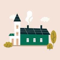 fofa Vila Igreja cercado de verde árvores e branco nuvens. simples ilustração dentro plano estilo. escandinavo Igreja com janelas e fumaça a partir de uma chaminé. vetor estoque ilustração.