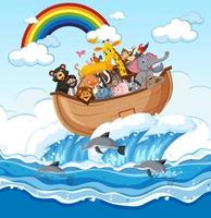 arca de noé com animais na cena do oceano vetor
