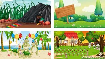 quatro cenas diferentes com vários personagens de desenhos animados de animais vetor