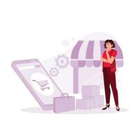 jovem mulher em pé em uma Smartphone fundo com a conectados compras local na rede Internet. ordem caixas e compras bolsas. tendência moderno vetor plano ilustração