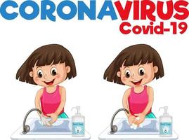 pare de banner de coronavírus com uma garota lavando as mãos em fundo branco vetor