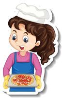 Adesivo de personagem de desenho animado com chef garota segurando uma bandeja de pizza vetor