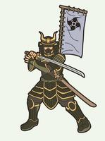 guerreiro samurai com ação de arma e bandeira vetor