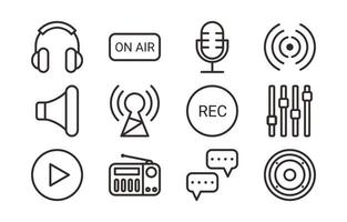 conjunto de ícones de esboço simples de podcast vetor