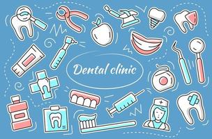 clínica dentária - conjunto de adesivos. elementos do vetor e objetos odontologia.